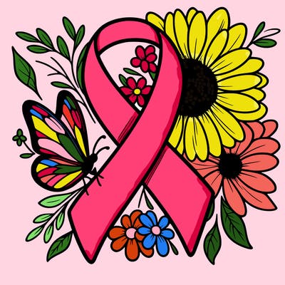 cancer awareness symbol with flowers and butterflies