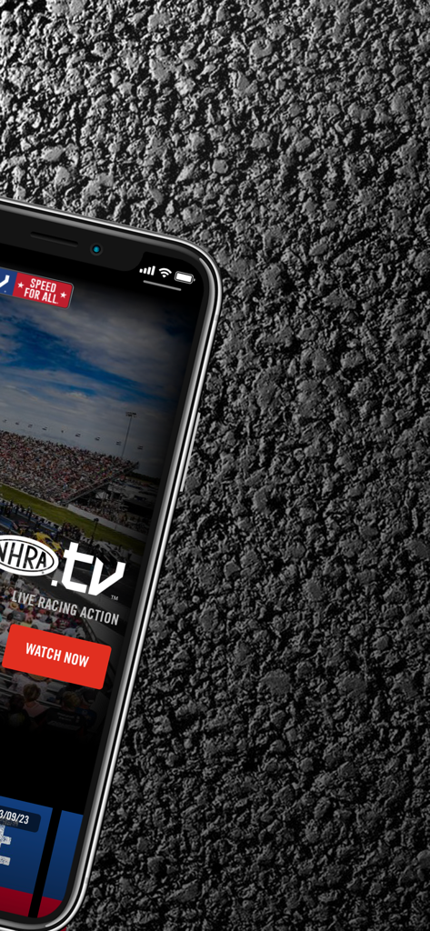 NHRA.tv - NHRA tv app interface on an iPhone displaying live racing action