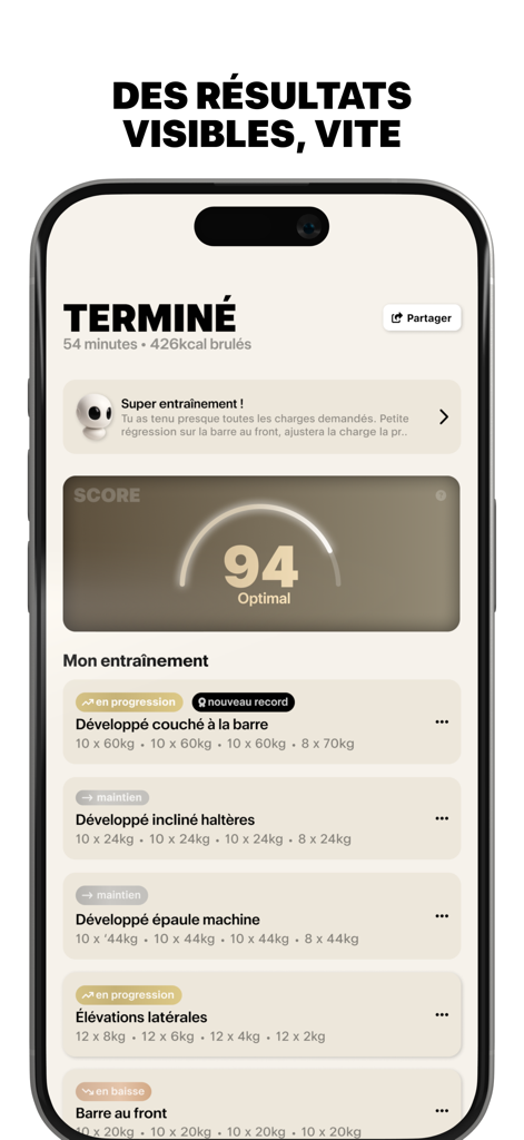 Hyper - Ton coach personnel - Pantalla de smartphone de la aplicación Hyper que muestra un resumen de entrenamiento completado con puntuación de rendimiento y seguimiento del progreso del ejercicio