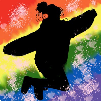 realistic girl jumping with a bun and oversized sweatshirt