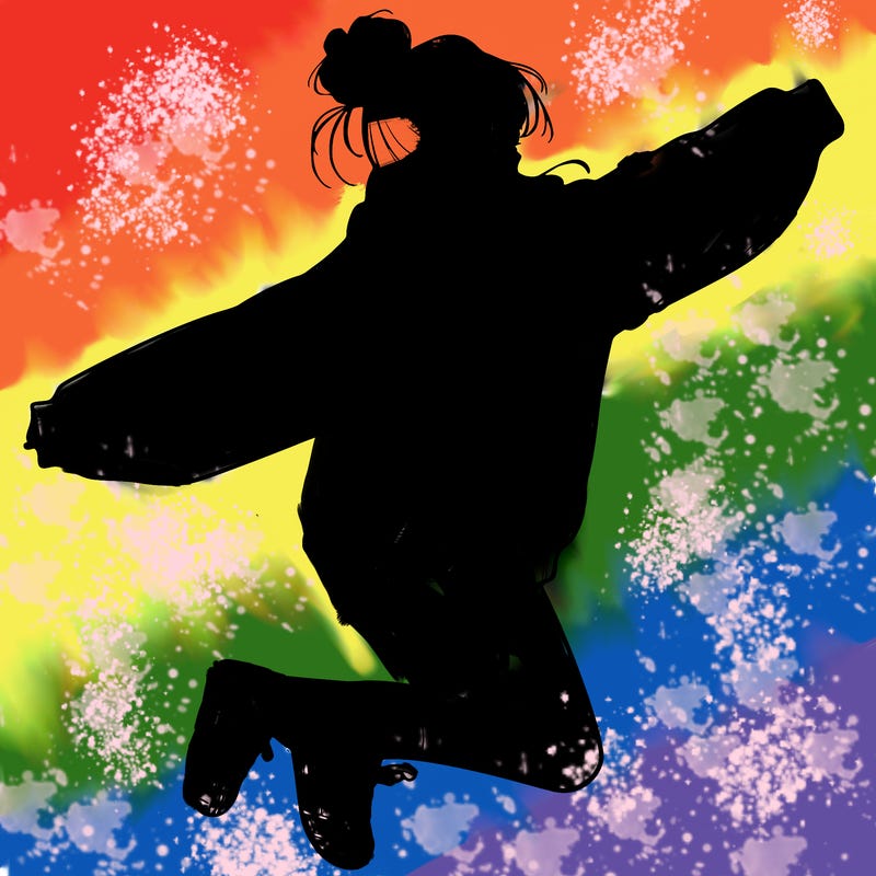 realistic girl jumping with a bun and oversized sweatshirt