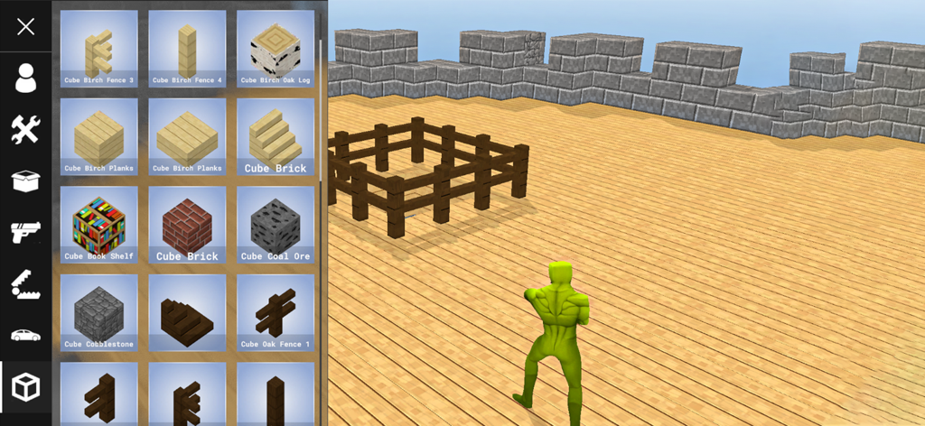 In-game building menu and character interface in Melon Smash sandbox game