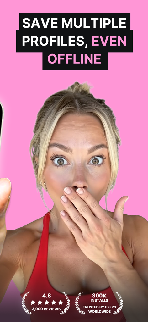 Live Video Tracker - GREC - A surprised woman promoting the GREC app feature to save multiple profiles offline