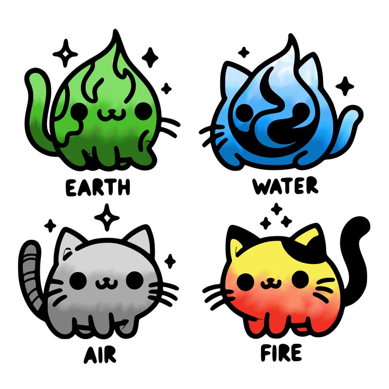 4 cats that represent the different elements, earth, water, air, and fire