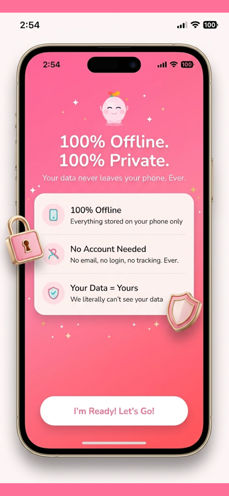 Petal: Cycle & Period Tracker - Petal app onboarding screen highlighting 100% offline and private data features