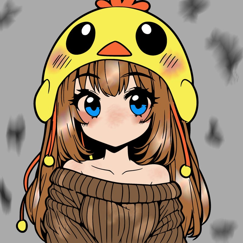anime girl with chick shaped hat with sweater with bare shoulders with bangs covering them one eye with low tail