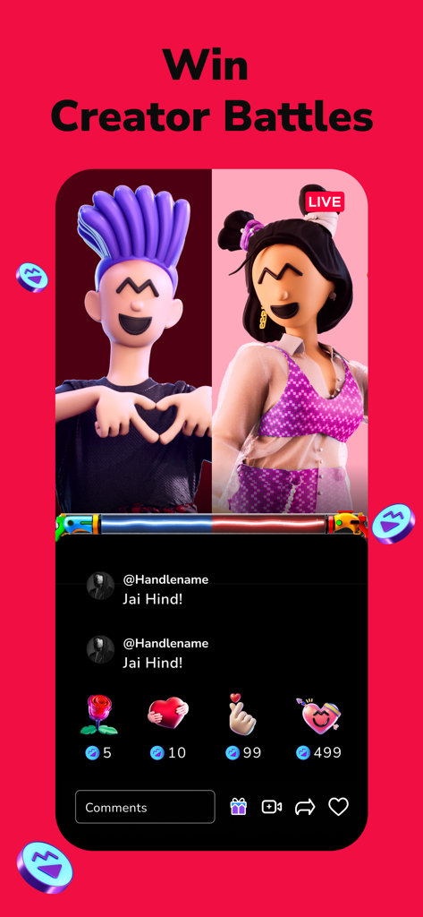Moj: Video Live & Short Videos - Mojアプリのインターフェイス、2つの3Dアバターがライブクリエイターバトルに参加しており、コメントと仮想ギフトが表示されている