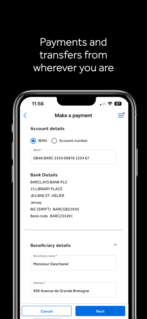 Barclays Private Bank - Barclays Private Bank app screen for making payments and transfers with IBAN and beneficiary details