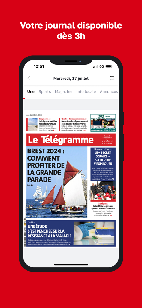 Smartphone screen showing the digital front page of the Journal Le Télégramme app with news from Brittany