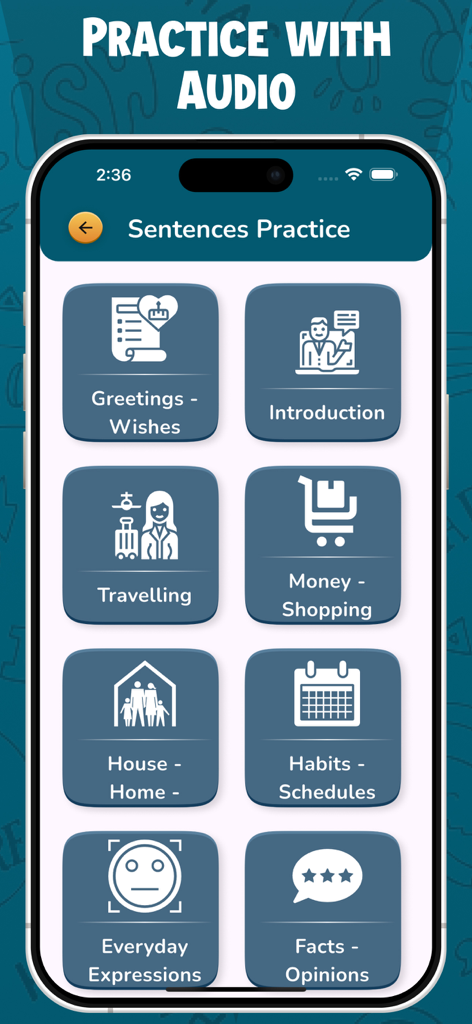 Speak English Fluently 2026 - A menu of English speaking practice topics including greetings introduction and traveling in the Speak English Fluently app.