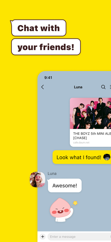 Interface de messagerie KakaoTalk affichant un album de K-pop partagé dans une conversation avec un autocollant Kakao Friends.