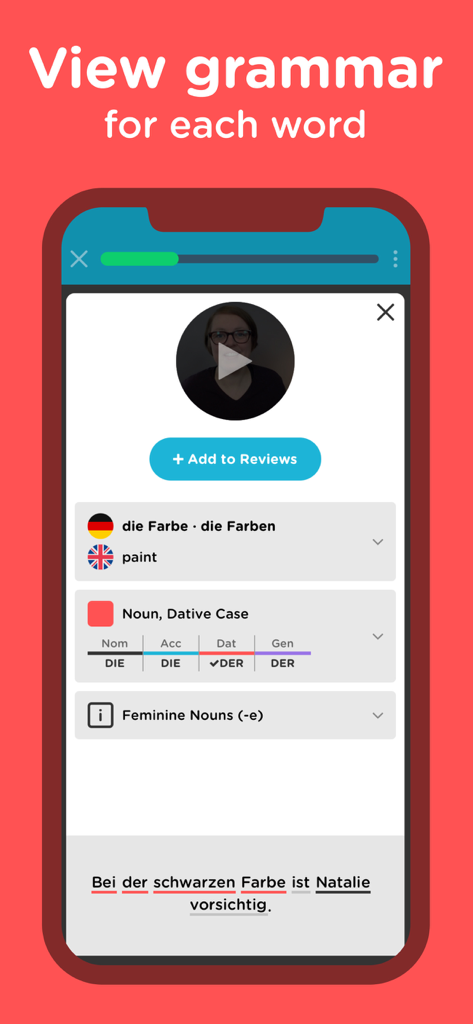 Seedlang app interface displaying German grammar details and noun cases for a vocabulary word