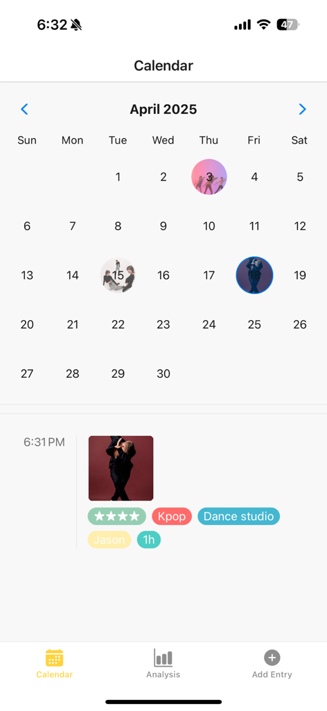 Dance Minder - Calendar view in the Dance Minder app displaying a schedule of dance practice sessions and session details