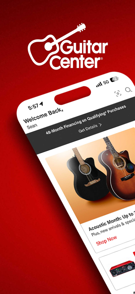 Guitar Center: Shop Music Gear - A smartphone screen displaying the Guitar Center app with acoustic guitar promotions and financing details.