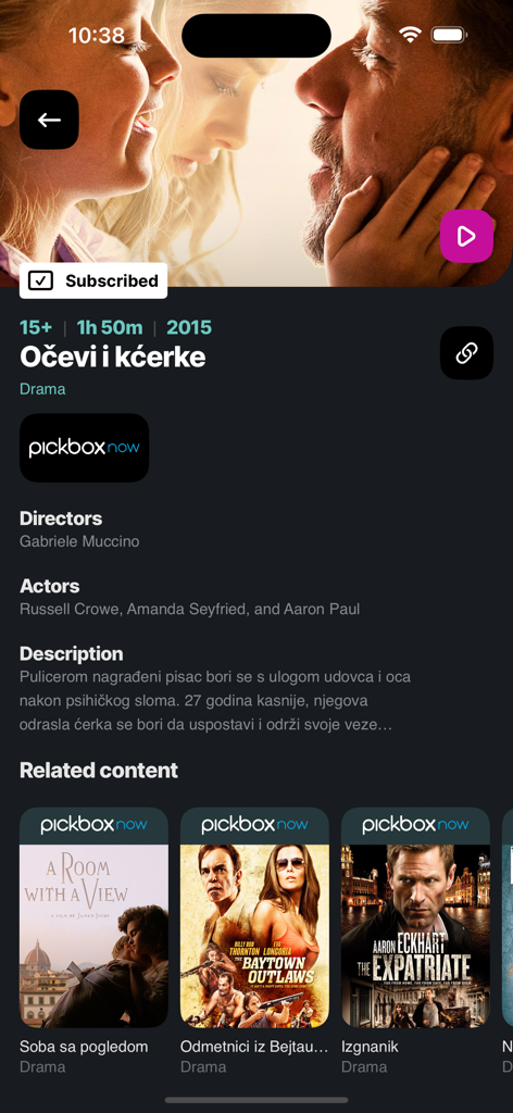 Filmdetail-Bildschirm in der Orion TV App mit dem Film Väter und Töchter mit Besetzungsinformationen und Vorschlägen für ähnliche Inhalte