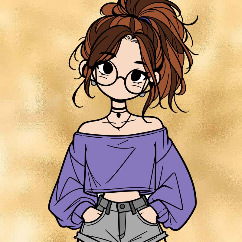 girl with a messy ponytail glasses a baggy crop top and jean shorts