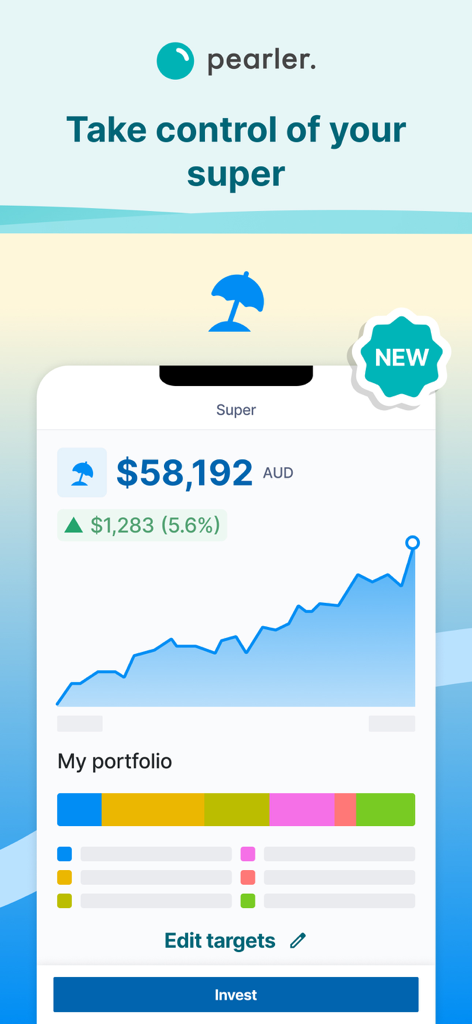 Pearler - Una captura de pantalla de la aplicación Pearler que muestra un saldo de cartera de jubilación de 58.192 AUD con un gráfico de crecimiento del rendimiento.
