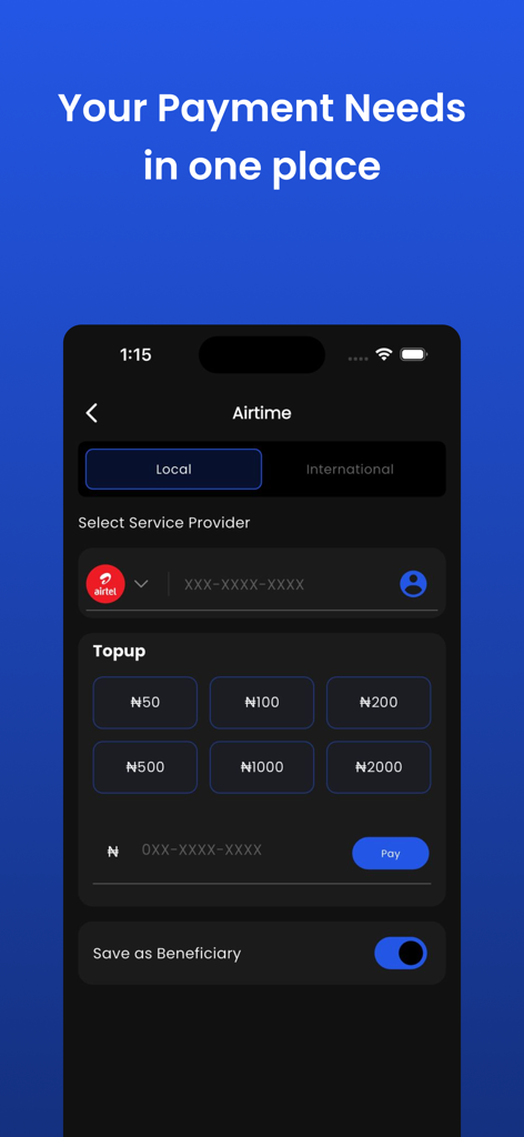 Billpoint - Billpoint app screen showing local airtime topup options with Airtel provider and Naira currency denominations.