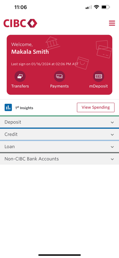 CIBC Caribbean Mobile - Main dashboard of the CIBC Caribbean Mobile app showing account categories and quick access buttons for transfers and payments.