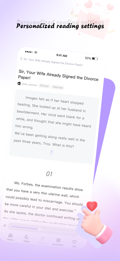 NovelShort - Novels & Fiction - NovelShort App-Oberfläche, die einen Lese-Bildschirm für eine Liebesromanze mit personalisierten Einstellungen wie Schriftgröße und Nachtmodus zeigt.