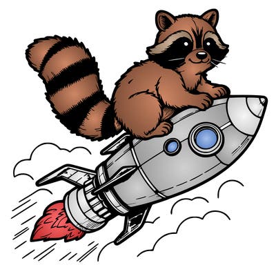 realistic raccoon flying on top rocket ship