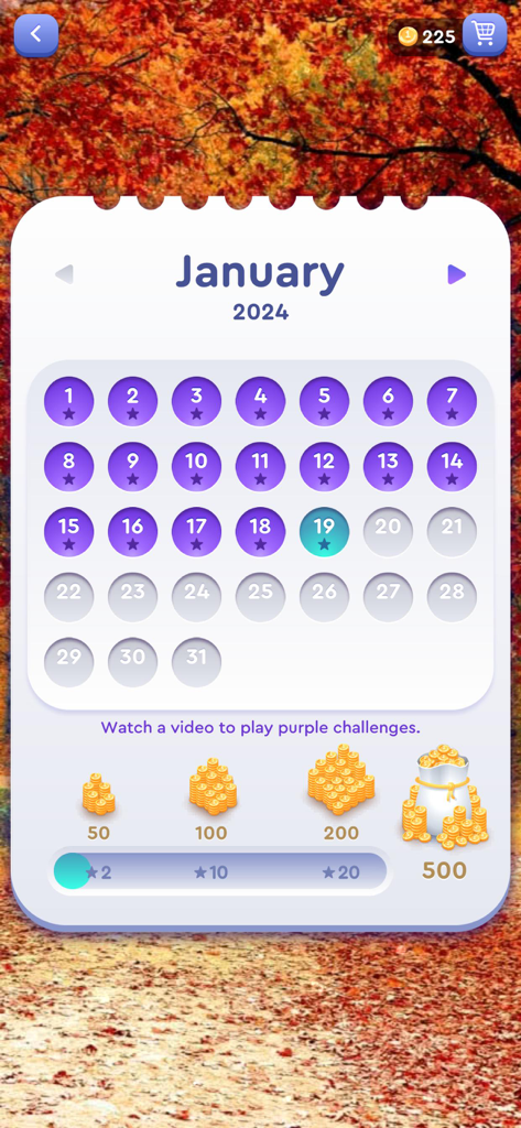 Un calendario de desafíos diarios para la app Palabras Relajantes con un fondo de bosque de otoño