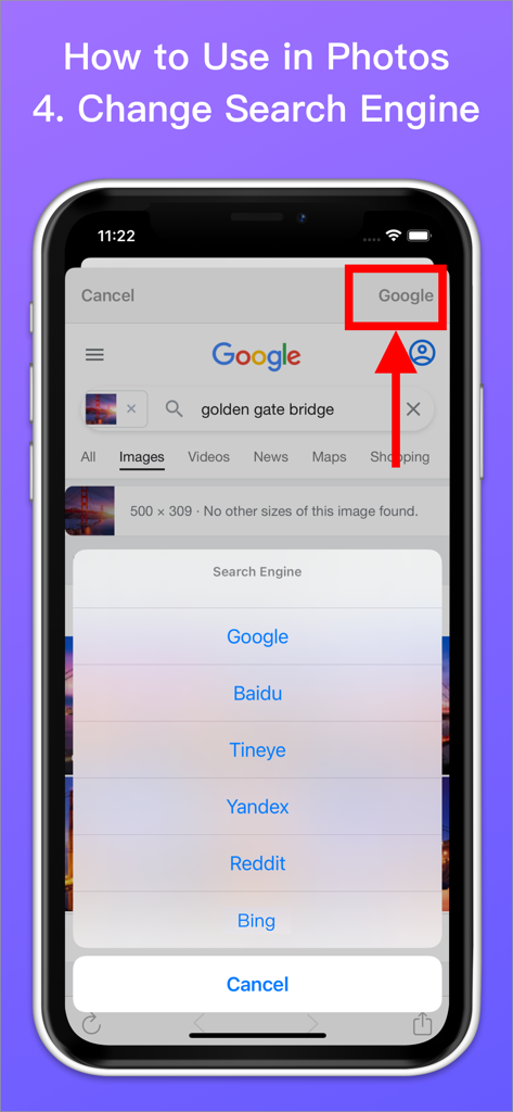 Power Reverse Image Search - Una pantalla móvil que muestra un menú para cambiar entre motores de búsqueda como Google, Yandex y TinEye.