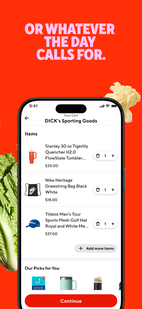 DoorDash app screen showing a retail shopping cart for DICK'S Sporting Goods with fitness and gear items