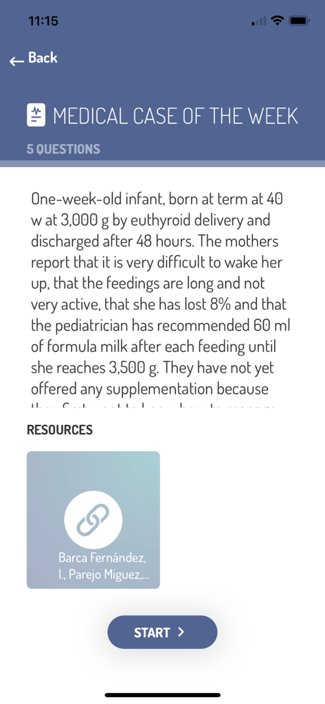 LactApp Medical app interface showing a clinical case study for healthcare professionals