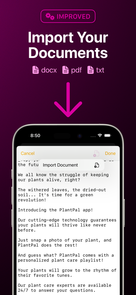 Telepromptr - Telepromptr app interface showing how to import docx pdf and txt files on an iPhone