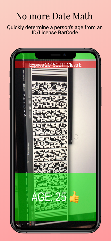 Teléfono inteligente escaneando un código de barras de identificación y mostrando un resultado de verificación de edad verde de 25 con un pulgar hacia arriba