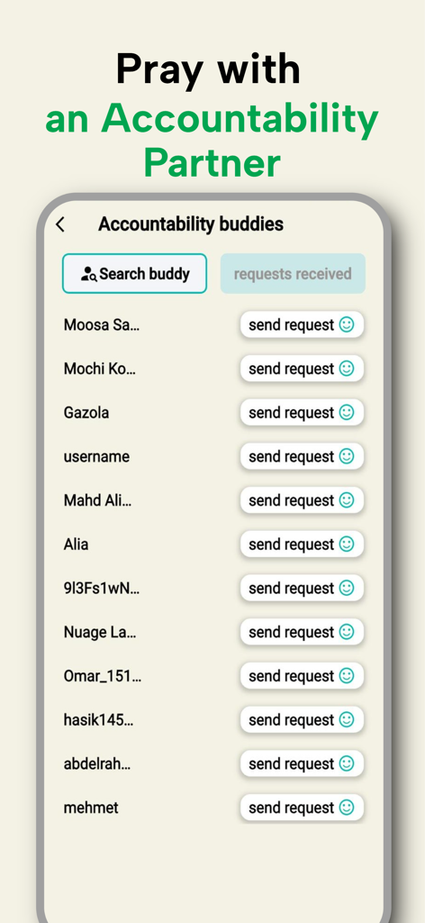 Mizan-Be consistent with salah - Mizan app interface showing the accountability buddies search screen to find prayer partners