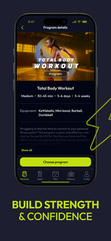 Resilient: strength workouts - Total Body Workout program details screen in the Resilient fitness app for women