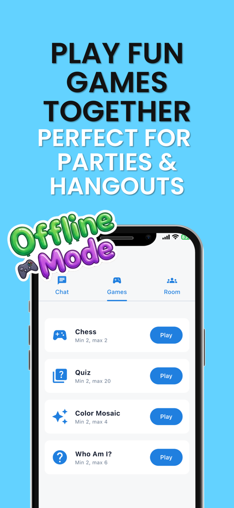 Circlo – Chat & Play Nearby - Pantalla de la aplicación Circlo que muestra una lista de juegos multijugador sin conexión que incluyen Ajedrez y Quiz