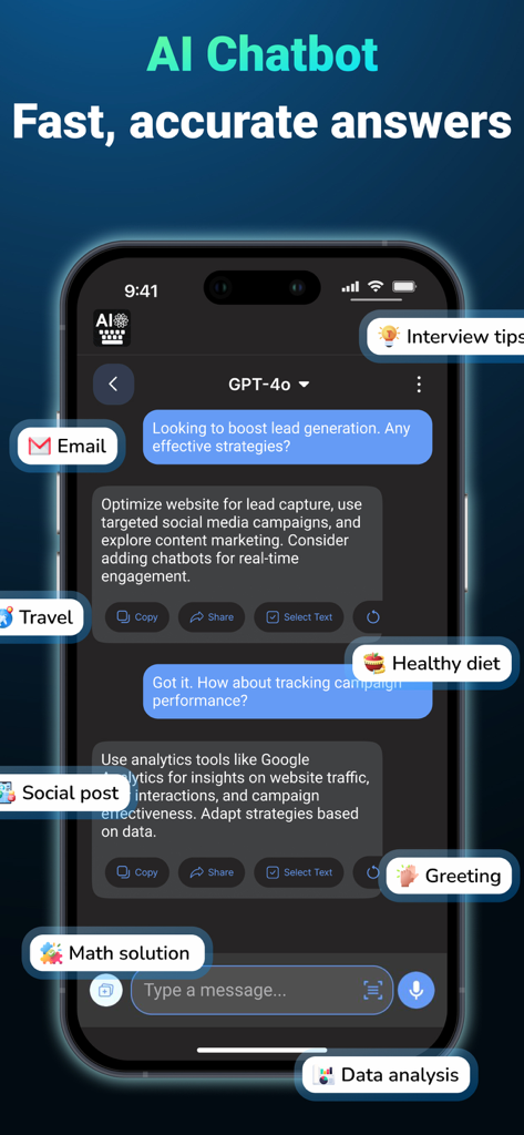 AI Keyboard: Grammar & Writer - Interfaz de chatbot IA que muestra respuestas rápidas para tareas profesionales y diarias