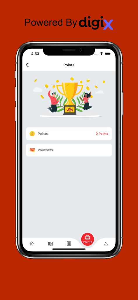 City Crepe - City Crepe 모바일 앱 로열티 프로그램 화면으로 보상 포인트 및 바우처 표시