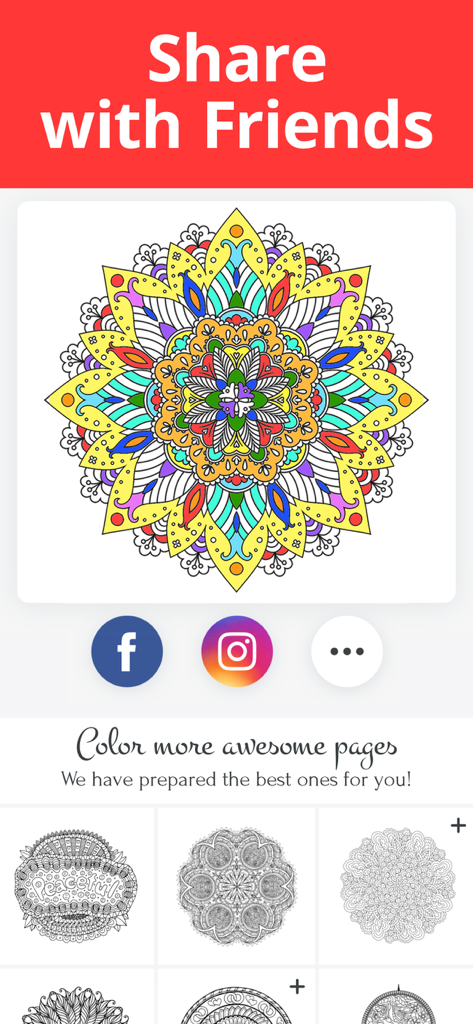 Coloring Book Now - A completed colorful mandala artwork in the Coloring Book Now app with social media sharing options for Facebook and Instagram.