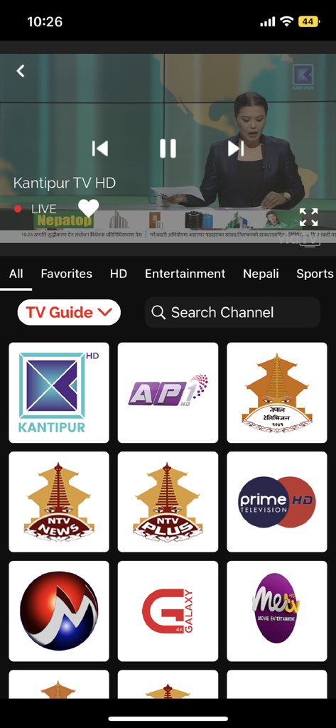 Via TV app interface showing live Kantipur TV HD and a selection of Nepali television channels