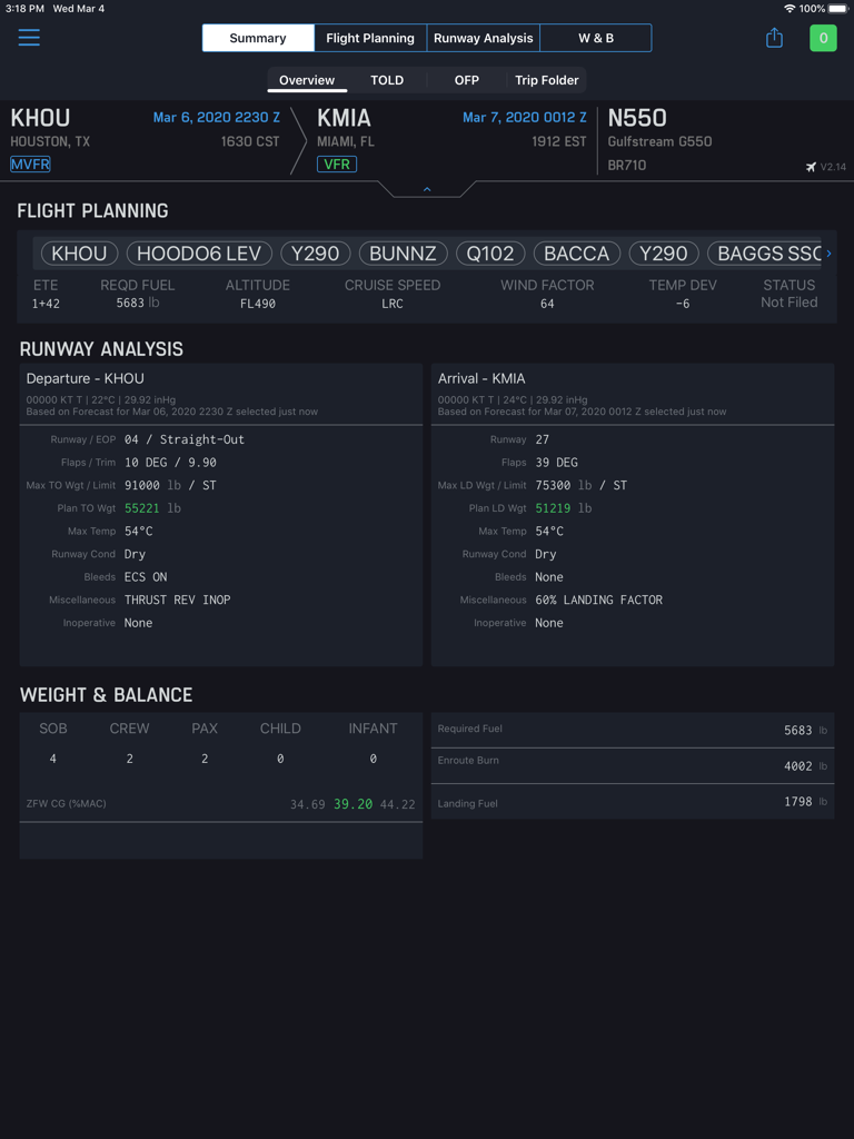 iPreFlight Genesis app summary dashboard featuring flight planning runway analysis and weight and balance data