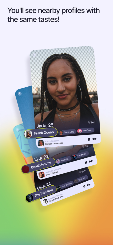 Turn-Up - Profils d'utilisateurs sur l'application Turn-Up affichant des artistes et des préférences musicales partagées.