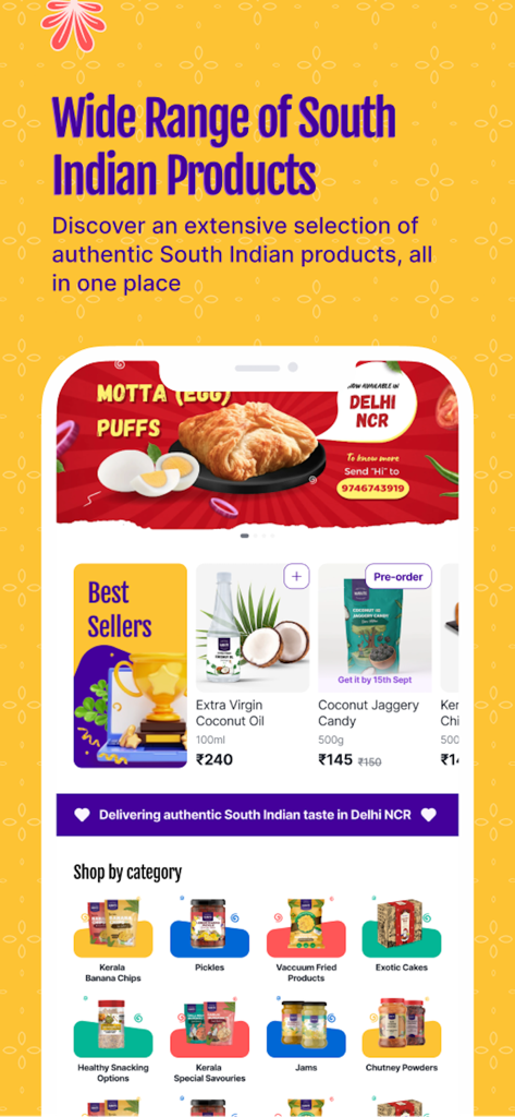 Southside Store mobile app interface displaying a wide range of South Indian products including coconut oil, jaggery candy, and snack categories like banana chips and pickles.