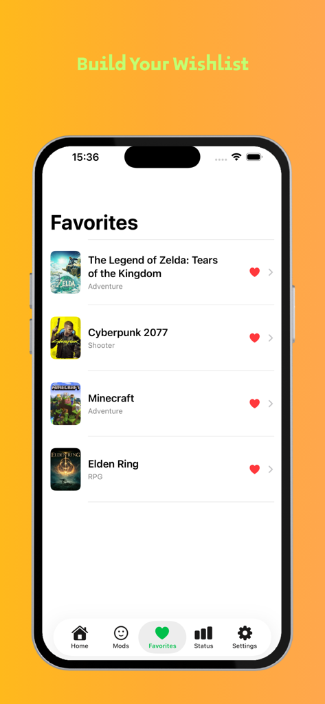 Happy RockMods : Gaming Hub - Happy RockMods app screen showing a favorites wishlist with a list of popular games like Zelda and Minecraft