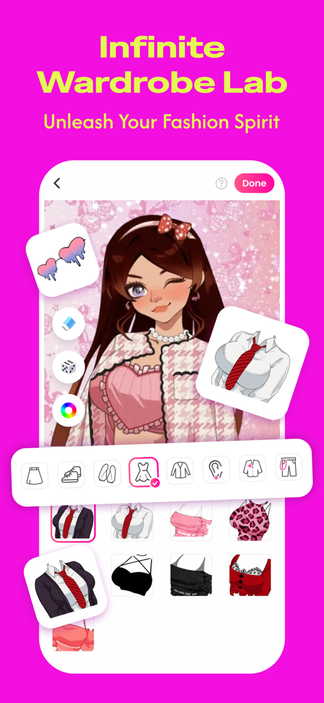 Neku: make avatar sticker - Interfaz del creador de avatares de anime que presenta personalización de moda y varios artículos de ropa