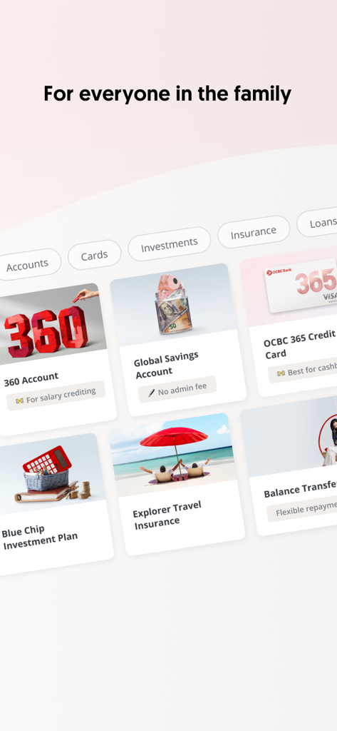 OCBC Singapore - OCBC Singapore mobile app interface displaying a variety of banking products including savings accounts credit cards investments and insurance plans