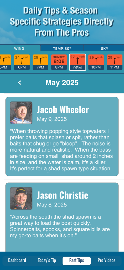BassForce: Bass Fishing Guide - BassForce app interface showing professional fishing tips and seasonal strategies from expert anglers like Jacob Wheeler and Jason Christie