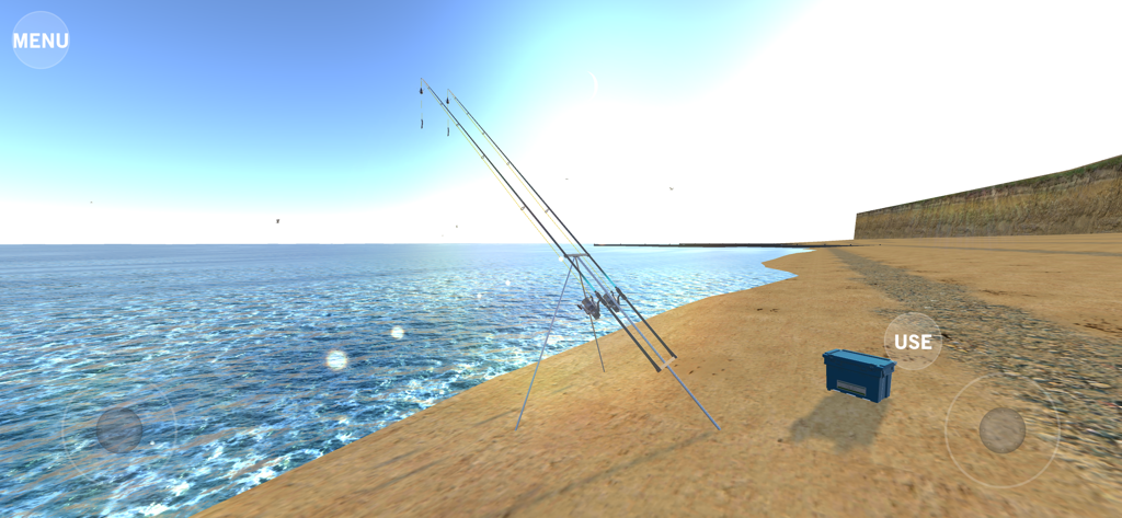 Sea Fishing Simulator - Realistic beach shore fishing scene with two rods on a tripod and a blue tackle box in Sea Fishing Simulator