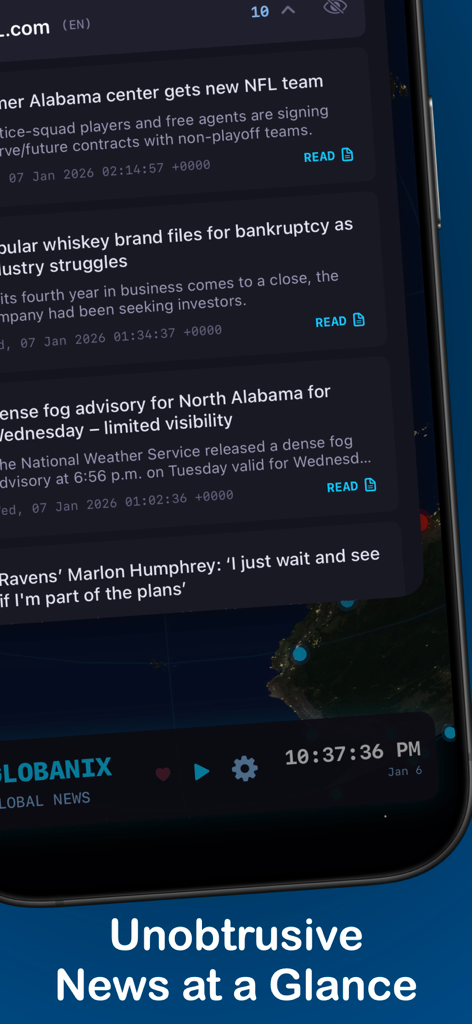Globanix - Screenshot of the Globanix app interface displaying concise news cards over an interactive globe visualization with the caption Unobtrusive News at a Glance