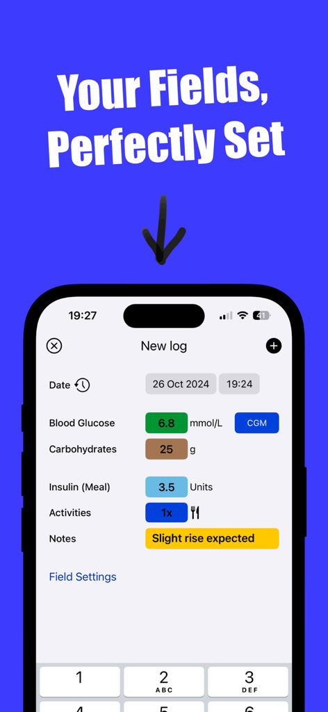 Diabetes Diary & Tracker Plus - New log screen in Diabetes Diary app with custom fields for glucose insulin and carbs