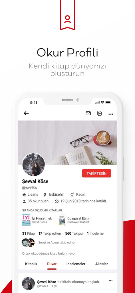 Mobile screen showing a user profile on the 1000Kitap app featuring reading statistics and currently reading books