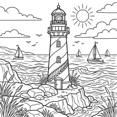 Journey to the seaside with this captivating lighthouse coloring page, perfect for a sunny summer day. Enjoy bringing this iconic beacon and its coastal surroundings to life with your favorite colors.